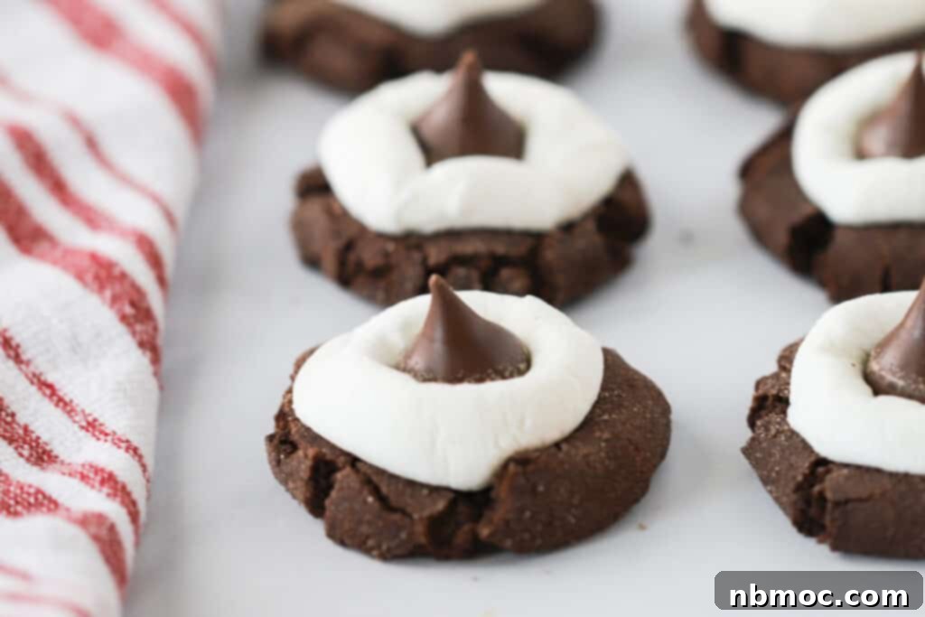 Rows of Hot Cocoa cookies topped with marshmallows and Hershey's Kisses. hot cocoa hershey kisses, hershey kiss hot cocoa. Kiss chocolate.