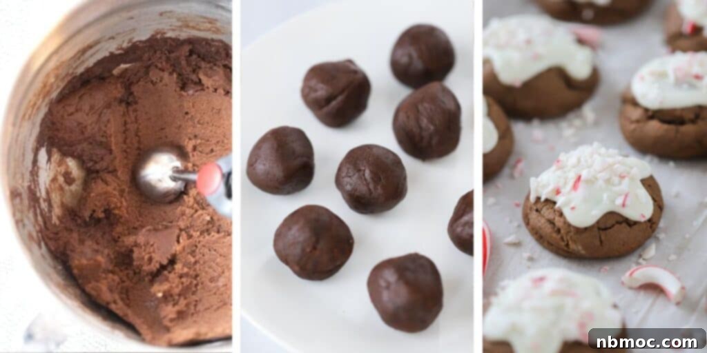 A visual guide showing the process of making chocolate cookie dough, scooping uniform cookie dough balls, and showcasing the finished meltaways with white chocolate and peppermint. Learn how to make perfect peppermint meltaways.