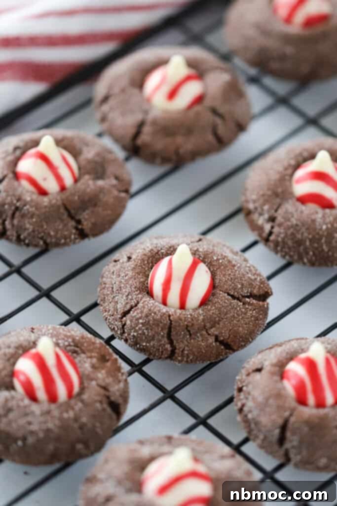 Irresistible Chocolate Kisses 2 Rows of Chocolate Kiss Cookies topped with striped Hershey's Kisses on a baking rack.