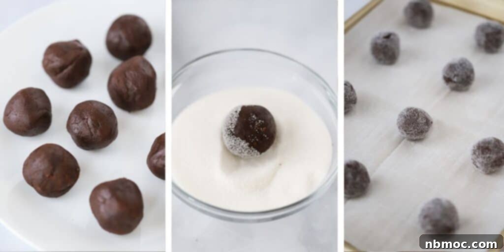 Irresistible Chocolate Kisses 4 Side by side photos of chocolate cookie dough balls on a plate, being dipped into sugar, and lined up on a baking sheet.