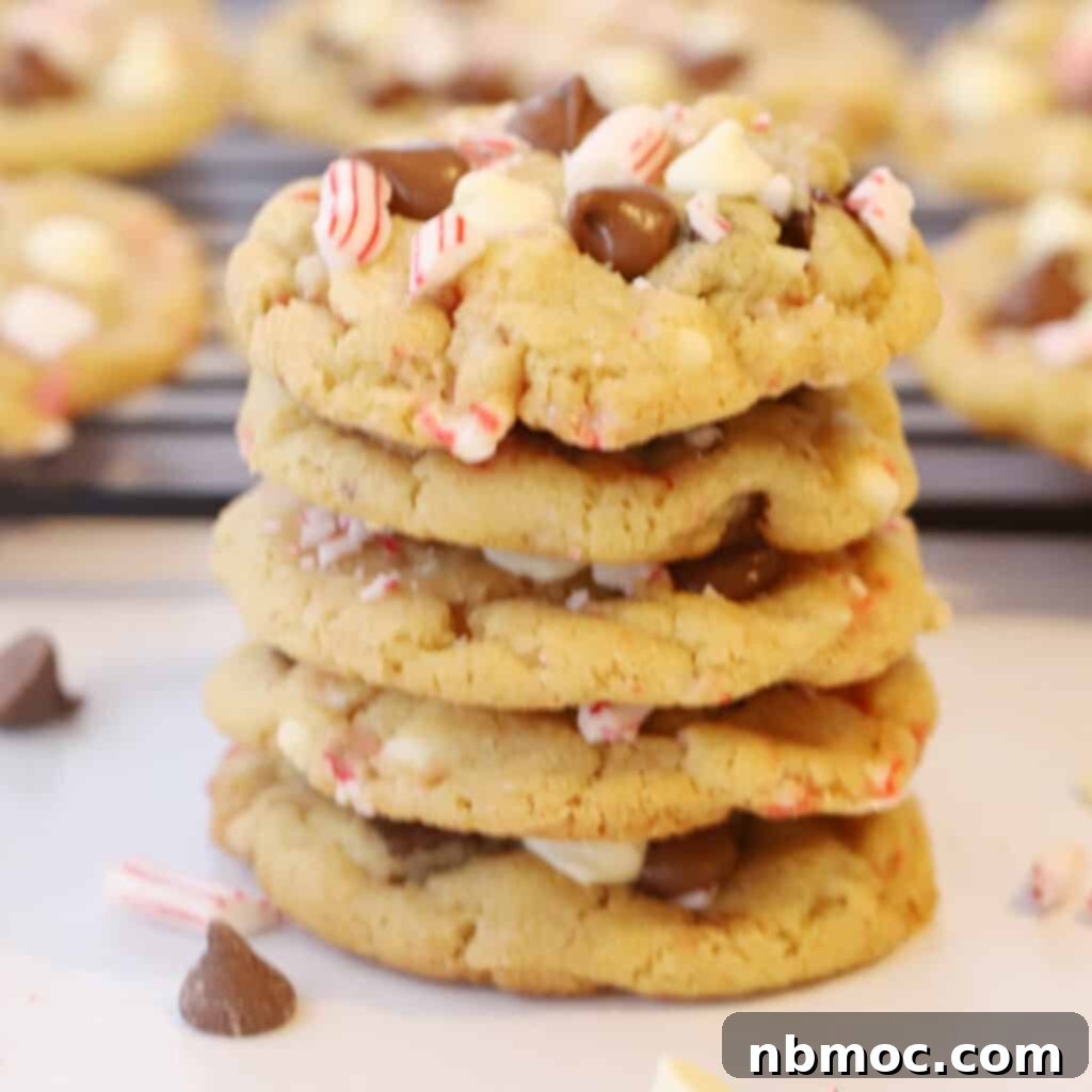 candy cane chocolate chip cookies on a white plate