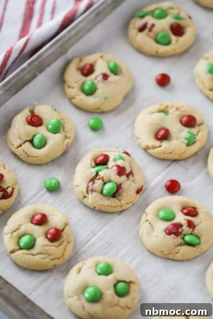 A festive close-up of a single Christmas M&M cookie, showcasing its chewy texture, melted chocolate, and vibrant red and green candies.