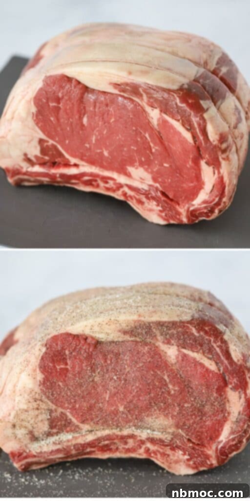 Raw Prime Rib tied with butcher's twine and seasoned with salt and pepper, ready for the herb butter application.