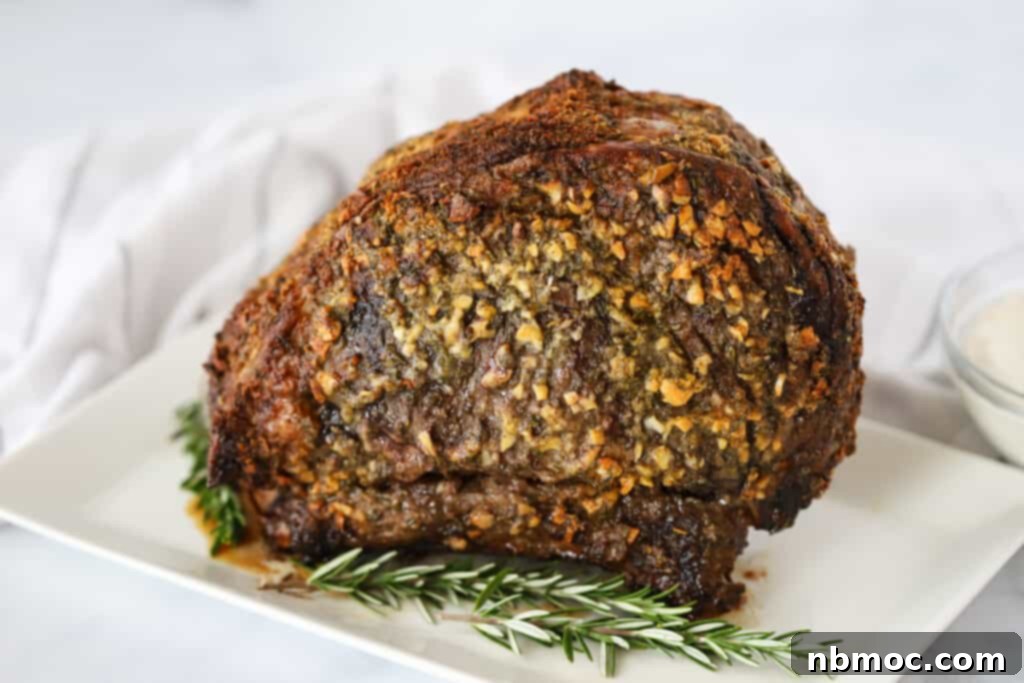 A large serving platter presenting a perfectly cooked Prime Rib Roast, beautifully browned and ready for carving and serving.