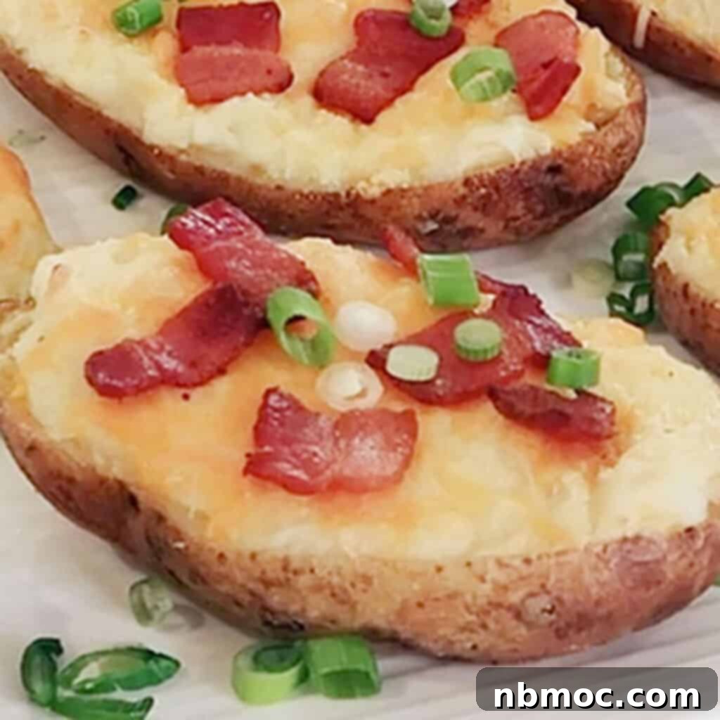 Valentines Day Dinner Inspiration 12 Decadent Twice Baked Potatoes, generously topped with crispy bacon and fresh green onions, making a perfect side dish for Valentine's meal ideas.