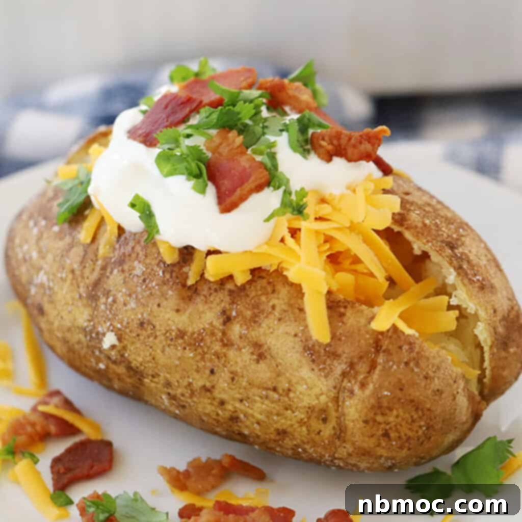 Valentines Day Dinner Inspiration 13 A perfectly baked potato, split open and generously filled with shredded cheese, sour cream, crispy bacon, and fresh parsley, a delightful Valentine's Day dinner side.