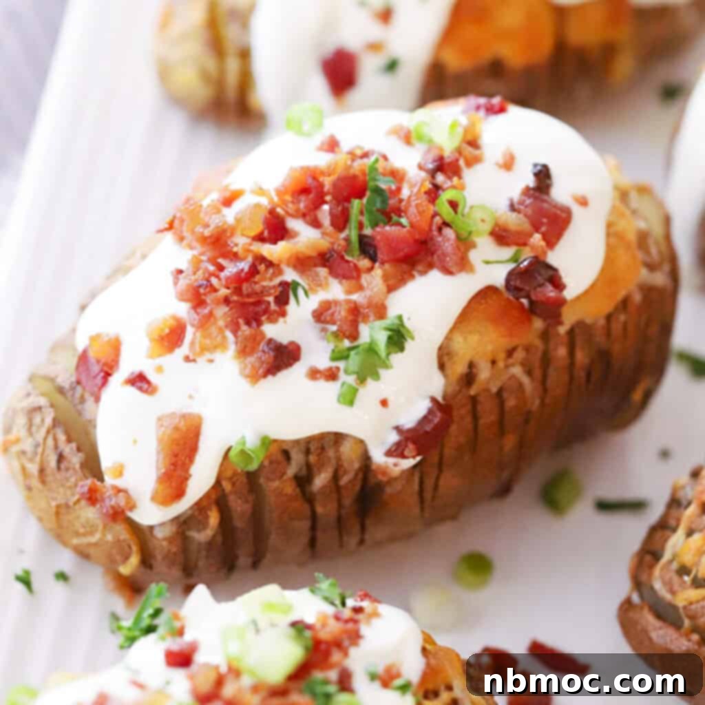 Valentines Day Dinner Inspiration 14 Beautifully prepared Loaded Hasselback Potatoes, artfully covered in sour cream, bacon, and vibrant green onions, a perfect side for a Valentine's dinner at home.