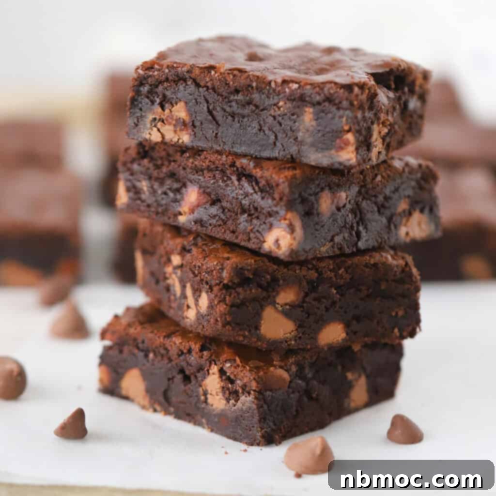 Valentines Day Dinner Inspiration 22 A luscious stack of Chewy Fudge Brownies, studded with generous chocolate chips, a truly irresistible Valentine's dessert.
