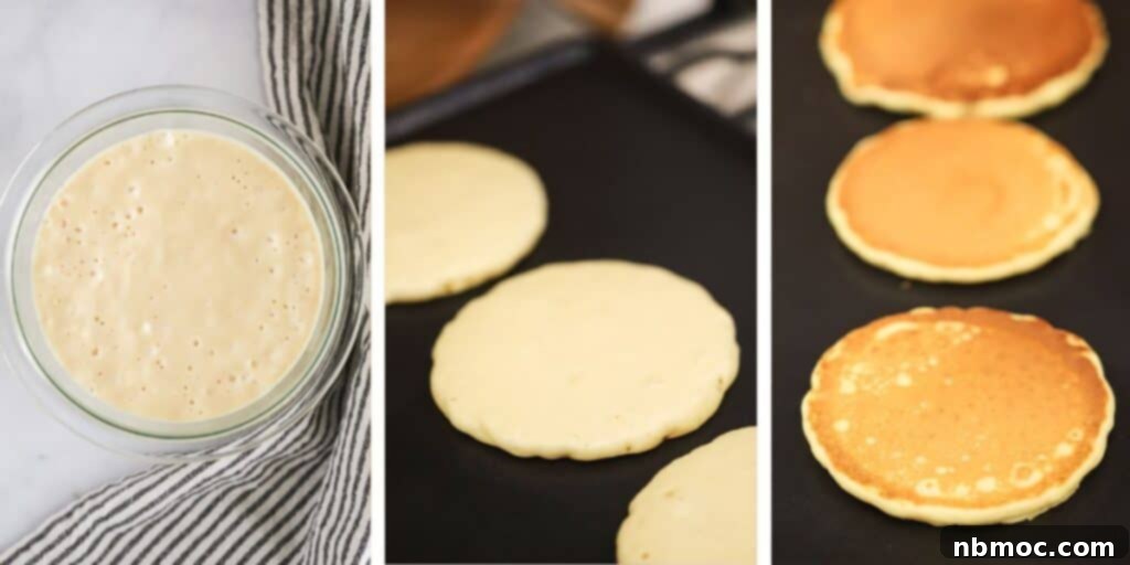 Side by side photos showing a bowl of pancake better, pancakes cooking on a griddle, and cooked pancakes on a griddle.