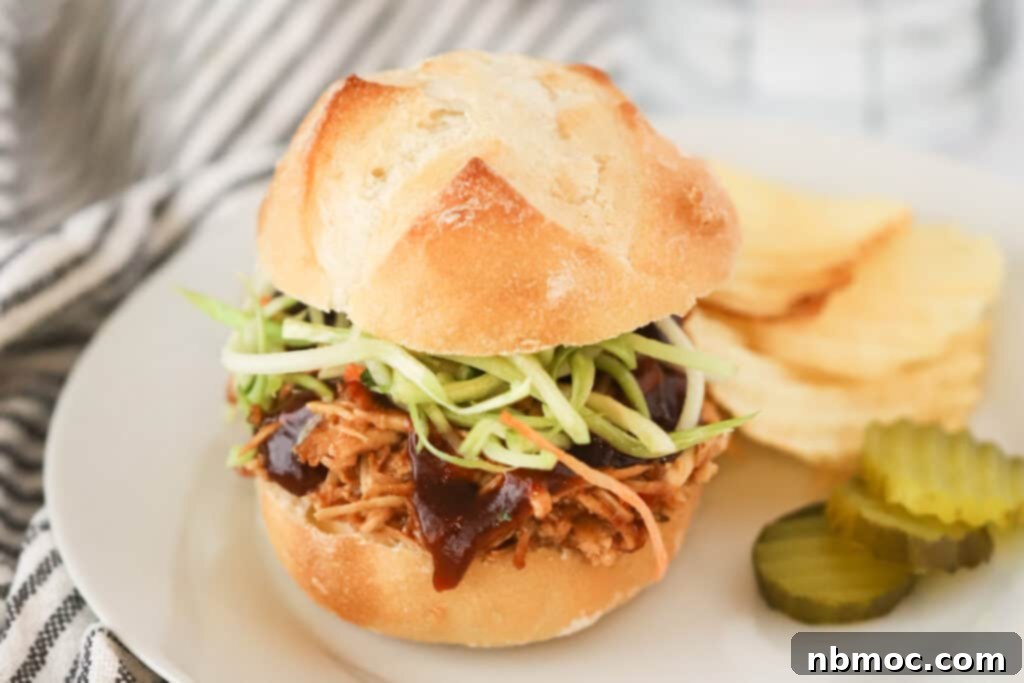A plate featuring a delicious slow cooker BBQ chicken sandwich, accompanied by crispy potato chips and tangy pickles. This image showcases how to serve juicy, shredded BBQ chicken made easily in a slow cooker, perfect for family dinners or entertaining.