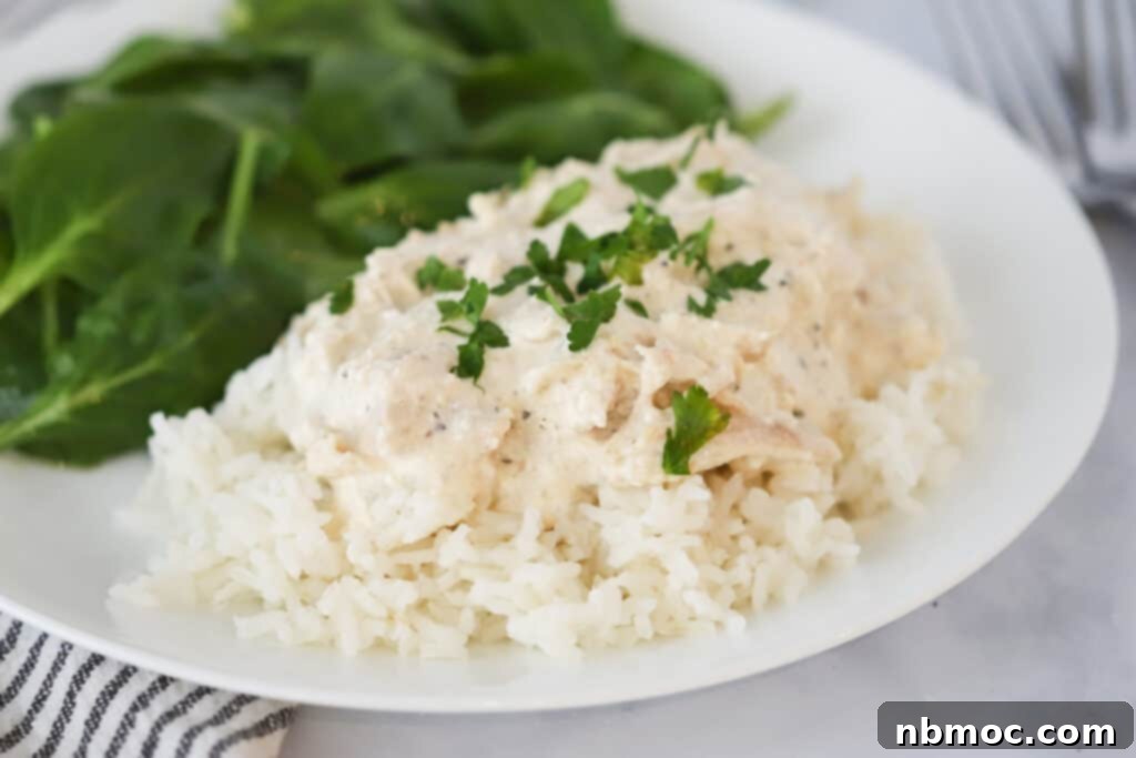A white dinner plate full of slow cooker chicken and gravy served over a bed of rice, accompanied by a fresh green side salad. The image highlights the creamy chicken and gravy texture, making it an appealing, complete meal.