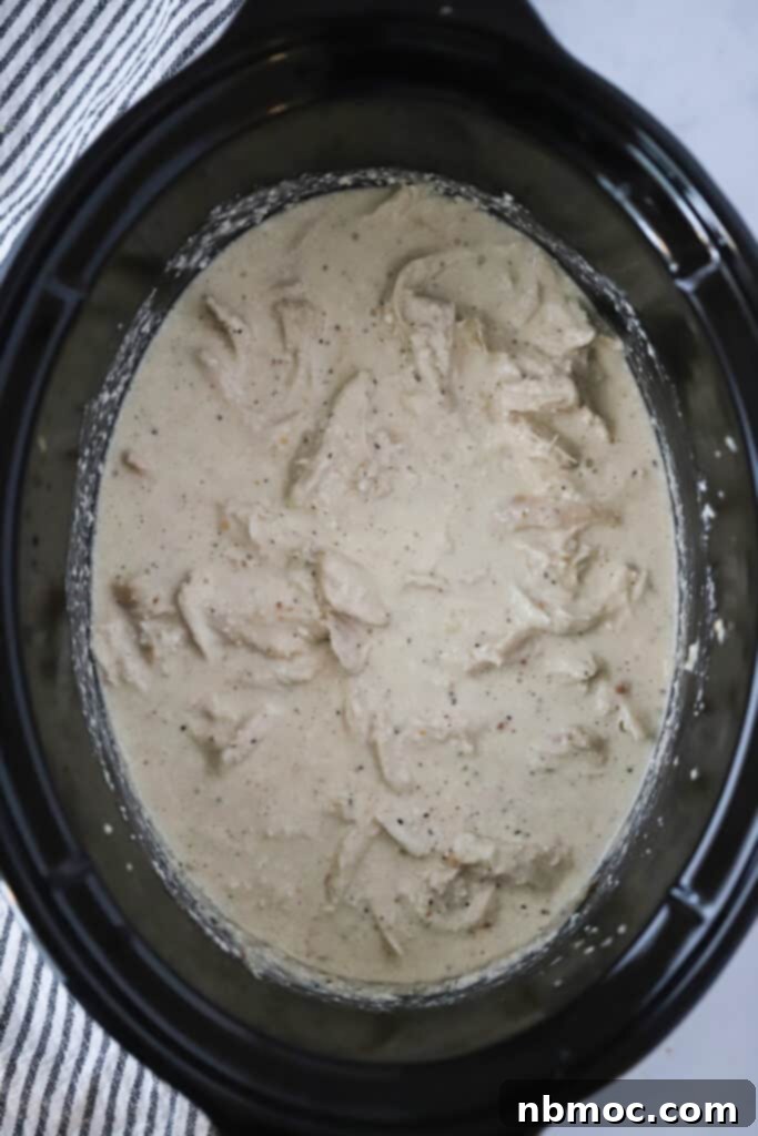 Slow Cooker Chicken and Gravy bubbling gently inside a crockpot, showcasing the rich, creamy texture of the gravy and the tender shredded chicken. Ideal for a family dinner served with rice or mashed potatoes.