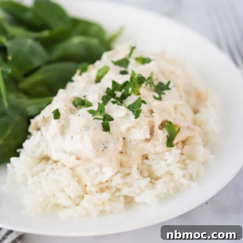 A close-up of a plate filled with creamy slow cooker chicken and gravy, served over a bed of rice, highlighting the comforting and hearty nature of this easy dinner recipe.
