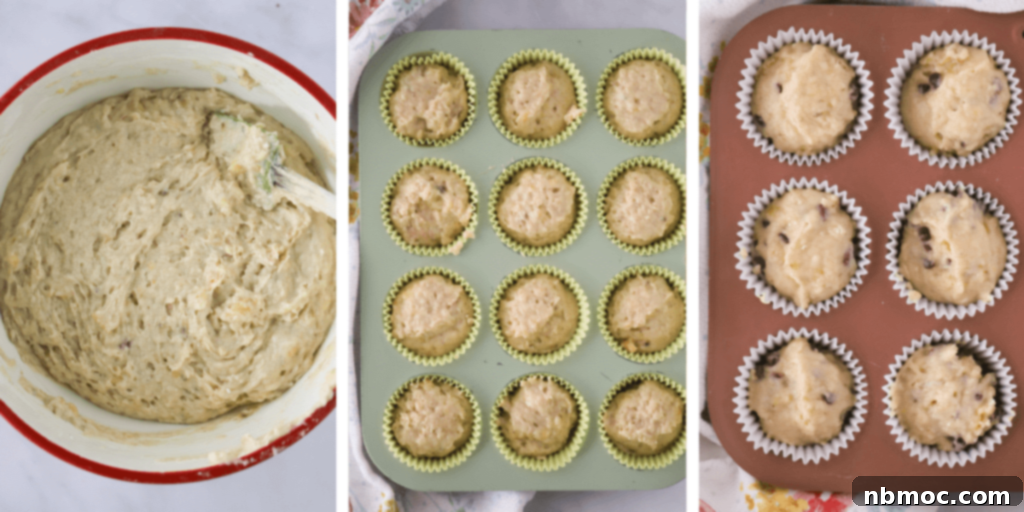 Nourishing Banana Muffins 5 Process shots showing how to make healthy banana yogurt muffins, from batter to baked golden-brown muffins.