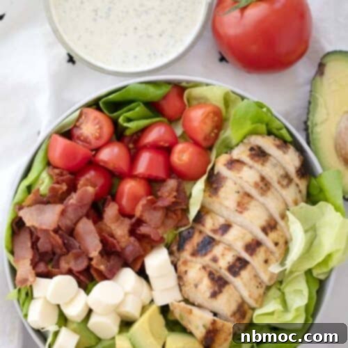 healthy grilled chicken BLT salad recipe with pesto ranch dressing