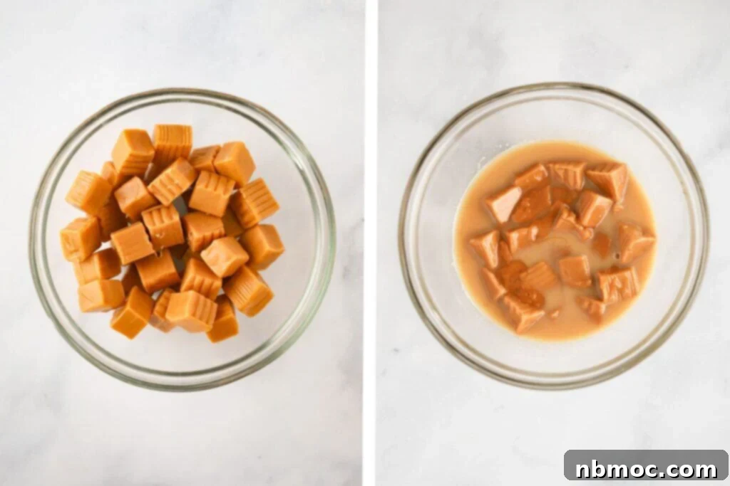 Step by step how to melt caramels in a glass bowl.
