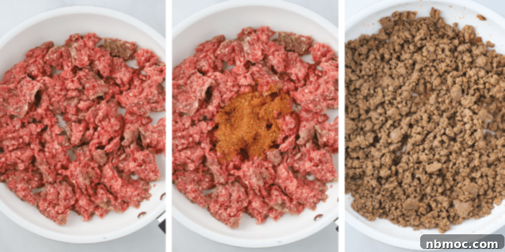 Ground beef cooking in a skillet with taco seasoning, showing the preparation for Walking Tacos.