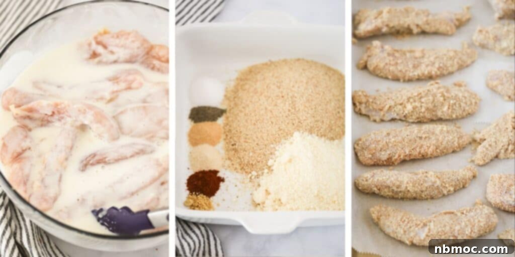 Steps for marinating chicken tenders, making the breadcrumb mixture, and breading the chicken tenders to make Air Fryer Chicken Tenders. homemade chicken tenders air fryer.
