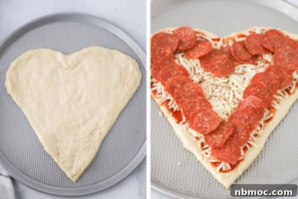 Heartwarming Pizza 4 Pizza dough shaped into a heart and topped with sauce, cheese, and pepperoni. how to make heart shaped pizza. Heart pizza. Home made pizza.