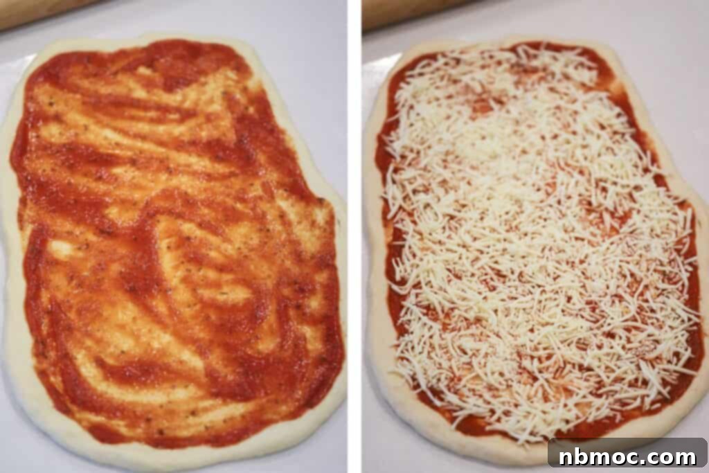 Cheesy Pizza Pinwheels 4 Pizza dough rolled into a rectangle and covered in pizza sauce and shredded cheese. pizza roll ups, pizza roll recipes. Pizza rollup recipe.