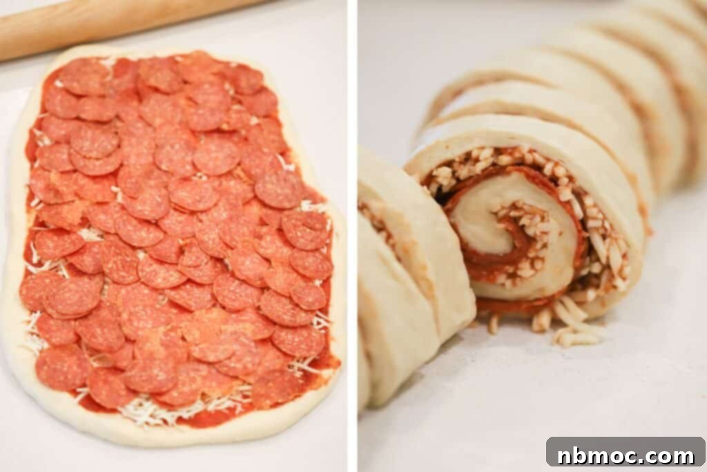 Cheesy Pizza Pinwheels 5 Pizza dough covered with pepperoni, then rolled up and sliced. pizza roll up recipe. Homemade pizza rolls.