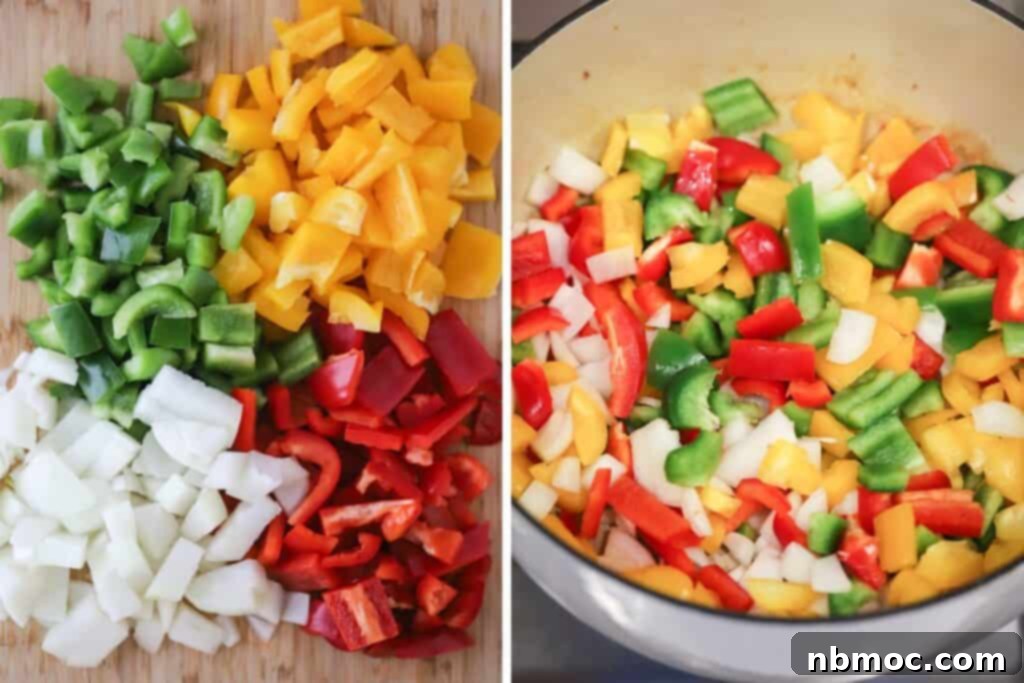 Diced onions and green, yellow, and red bell peppers in a dutch oven to make sausage and pepper penne. 
