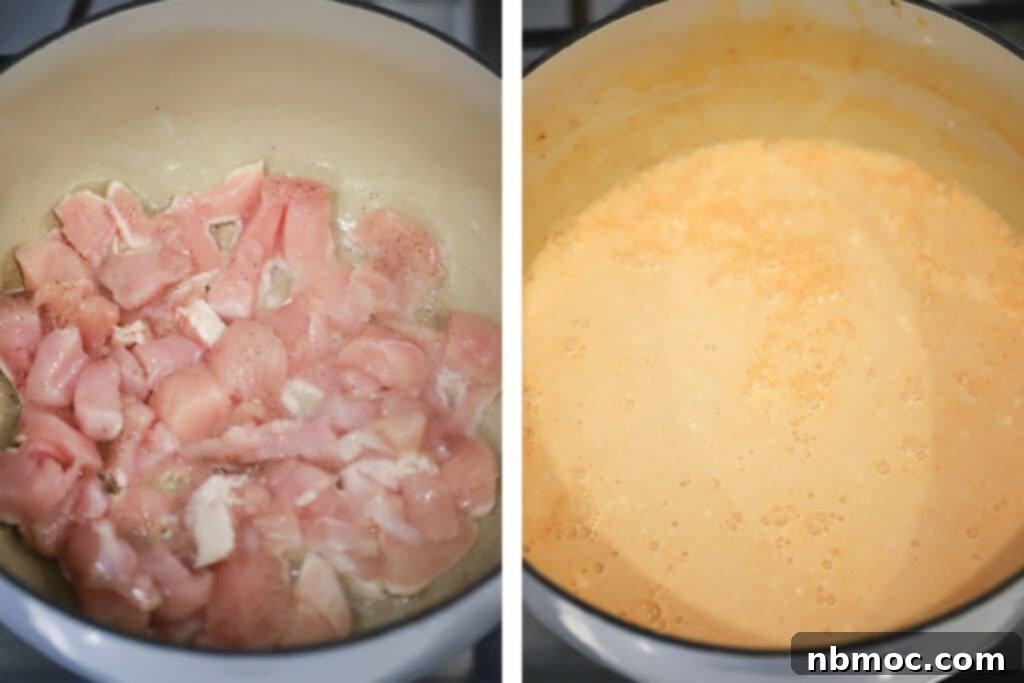 Fiery Buffalo Chicken Pasta 4 Raw chicken pieces cooking in a Dutch oven next to a pot of creamy buffalo sauce, illustrating the preparation process.