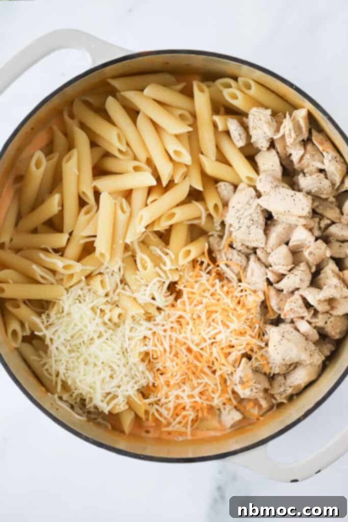 Fiery Buffalo Chicken Pasta 5 A Dutch oven containing cooked pasta, browned chicken pieces, and shredded cheese, ready to be combined into a creamy buffalo pasta.
