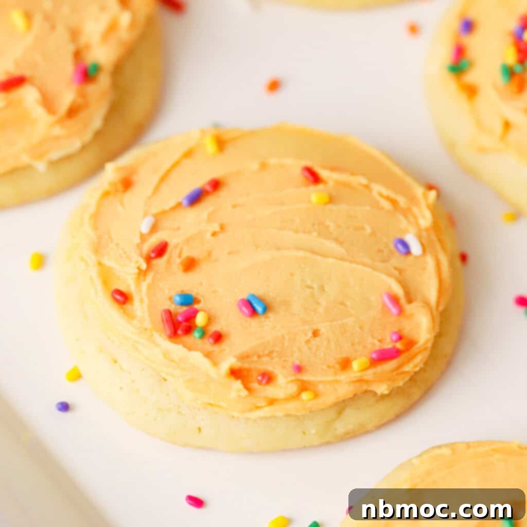 Close-up of frosted orange dreamsicle Cookies with sprinkles, ready to be enjoyed as a sweet treat.