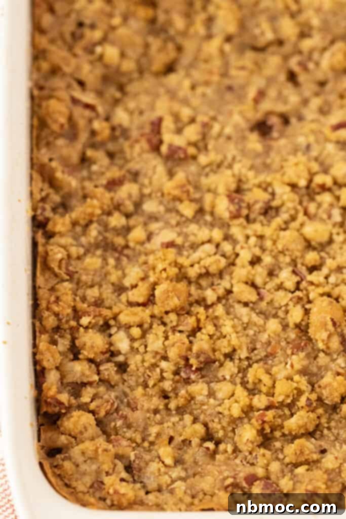 Spiced Pecan Sweet Potato Bake 4 A close-up shot of the crunchy, golden brown pecan streusel topping generously spread over the sweet potato casserole, highlighting its delicious texture.