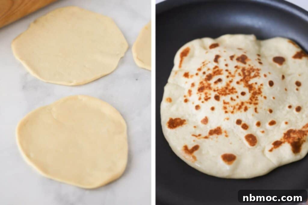 Freshly rolled naan dough rounds waiting to be cooked, with a hot skillet ready in the background. Homemade naan bread process.