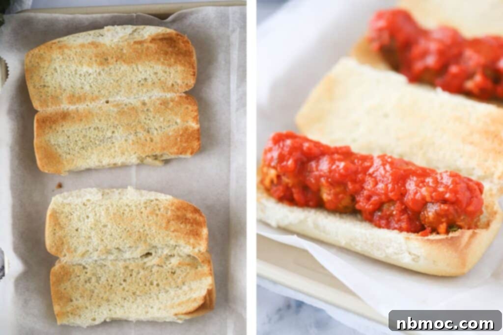 Saucy Meatball Hero 3 A sheet tray with a toasted bread for meatball sub laying flat next to another topped with meatballs and sauce.