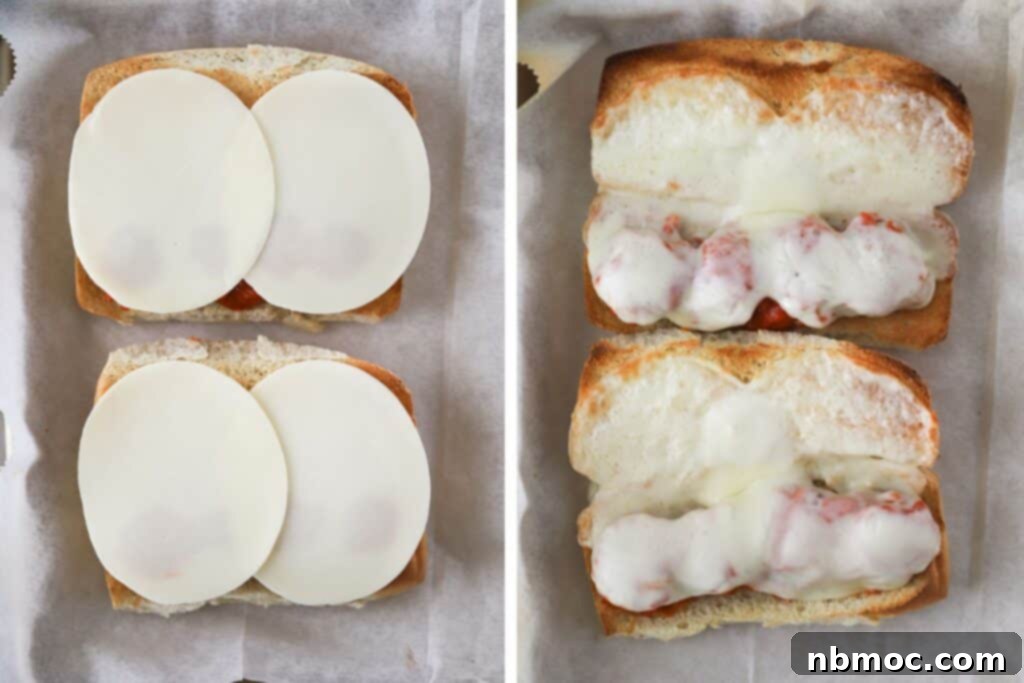 Saucy Meatball Hero 4 Open-faced hoagie rolls with meatballs, sauce, and sliced cheese both untoasted and toasted; meatball hoagie.Bread for meatball subs.