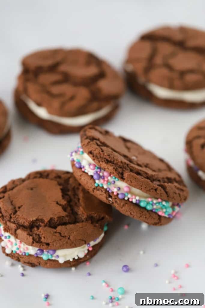 A stack of soft and chewy Homemade Oreo Cookies, featuring rich chocolate cookies and a creamy white filling. Some cookies are decorated with colorful sprinkles around the edges, perfect for a festive occasion. The cookies are made easily with a cake mix base.