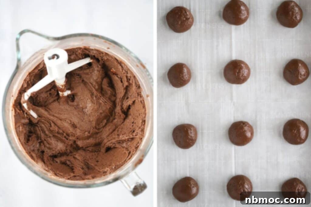 A close-up of a mixing bowl containing rich chocolate cookie dough, ready to be formed into balls for homemade Oreos made with cake mix. The simple ingredients combine to create an easy and delicious treat.