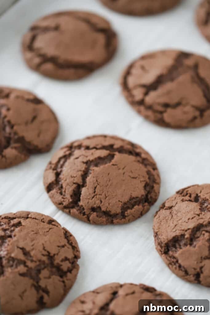 A baking sheet filled with freshly baked, perfectly puffed and cracked chocolate cookies, ready for cooling and assembly into homemade Oreos. This showcases the easy process of making your own Oreo-style treats.