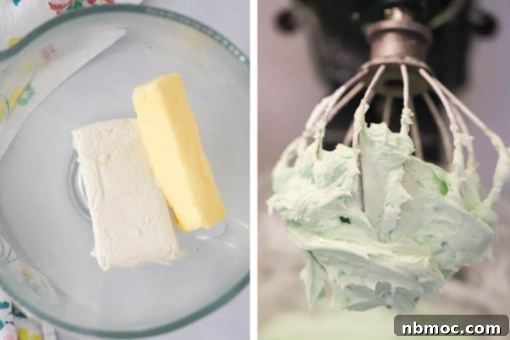A mixing bowl with butter and cream cheese next to a whisk with mint frosting. Buttercream Mint frosting for cake, mint buttercream. Cream mint.
