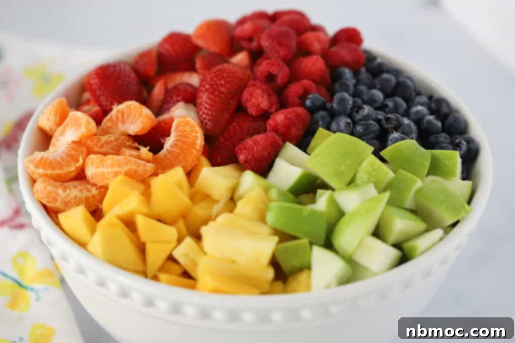 Vibrant Fruit Medley 4 This colorful rainbow Fruit Salad recipe served in a white ceramic bowl. Simple fruit salad rainbow.