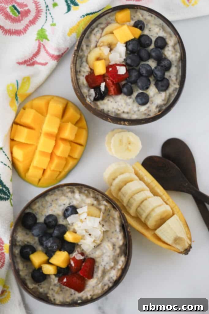 No-Cook Morning Bliss 2 Simple Overnight Oats recipe in bowls topped with fresh fruit and berries. Easy Rolled oats recipe.