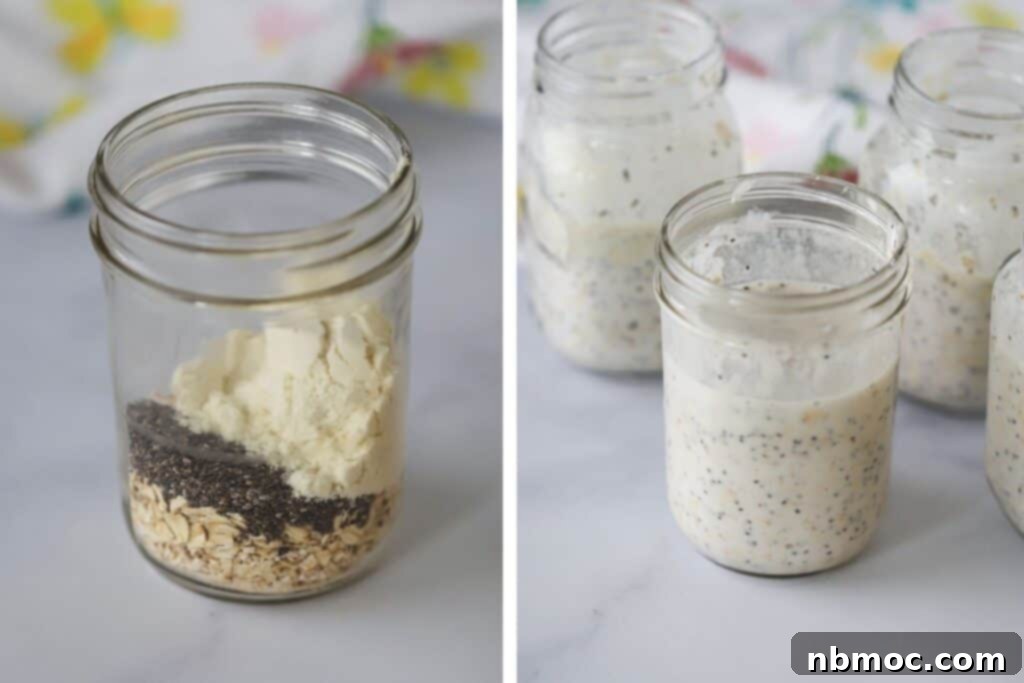 No-Cook Morning Bliss 4 Mason jars showing how to make simple over night oats.