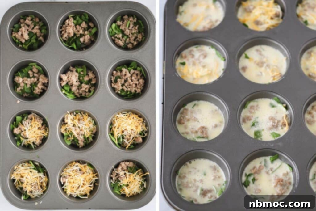 Muffin tins filled with ingredients to make this high protein egg bites recipe. These cottage cheese egg bites are filled with sausage, spinach, and cheese.