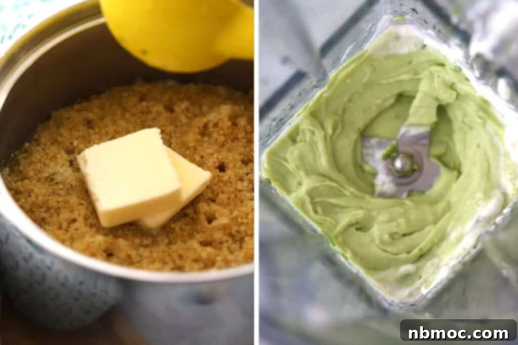 Zesty Cilantro Lime Chicken 5 Cooked cilantro lime quinoa with a side of creamy avocado sauce, ready to be served with grilled chicken.