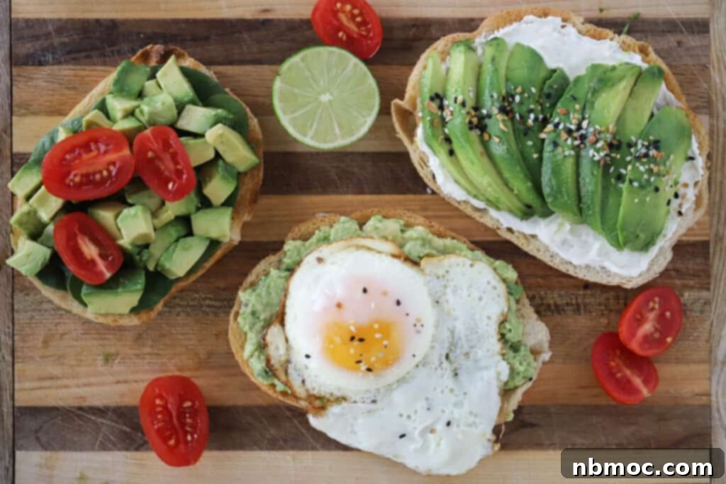 Smashed Green Delight 4 A cutting board with variations Avocado Toast flavor variations including avocado toast with eggs. Cream cheese avocado toast.