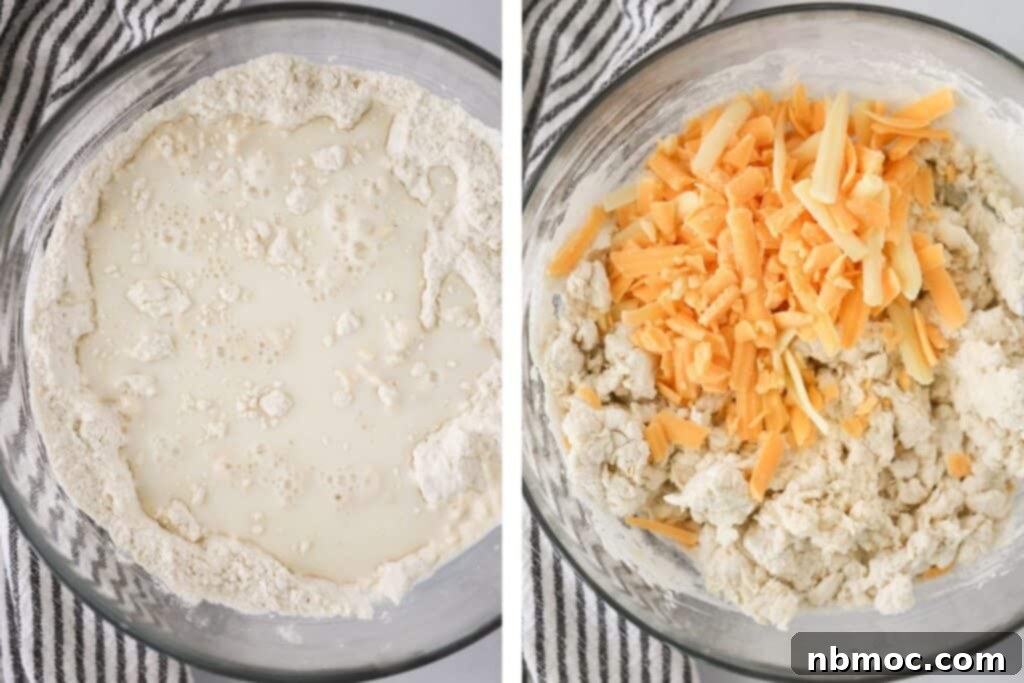 Ingredients to make this cheddar cheese biscuits recipe in a glass mixing bowl.