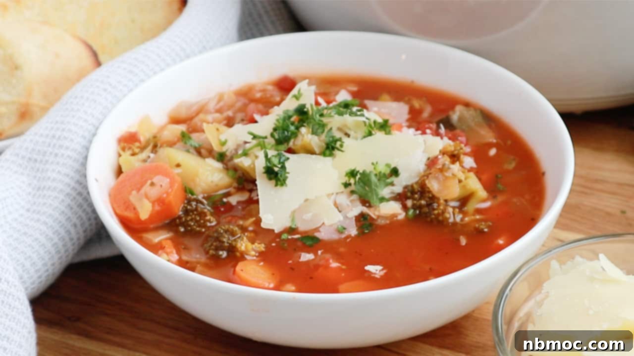 A bowl full of skinny vegetable soup topped with cheese and parsley.