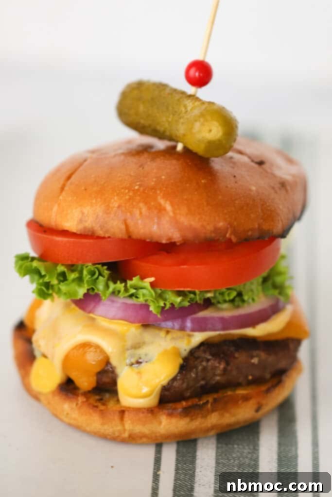 Best homemade hamburgers with melted cheese and classic burger toppings like lettuce, tomato, onion, and pickles, served on toasted brioche buns.