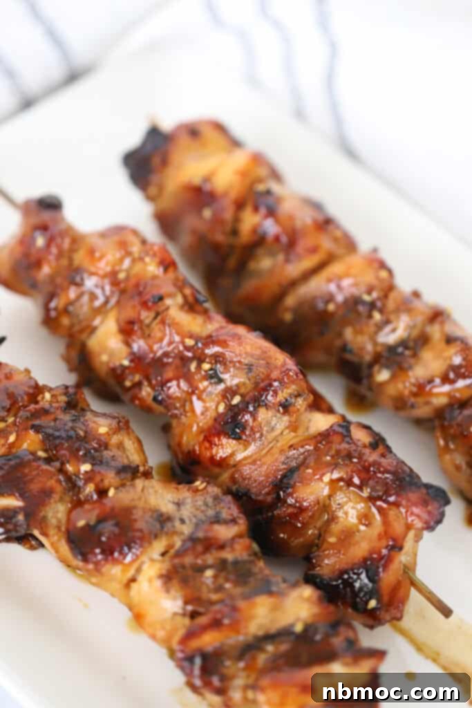 Grilled teriyaki chicken kabobs on a skewer; easy grilled teriyaki chicken on a stick.