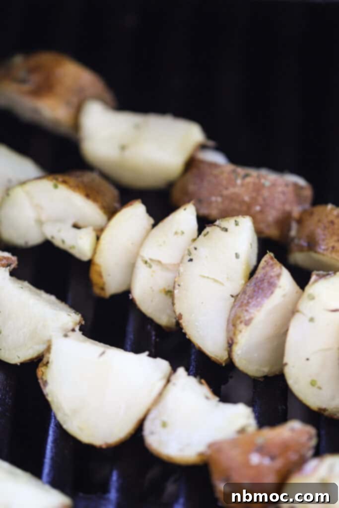 Flame-Kissed Russet Potatoes 3 How to grill russet potatoes on skewers.