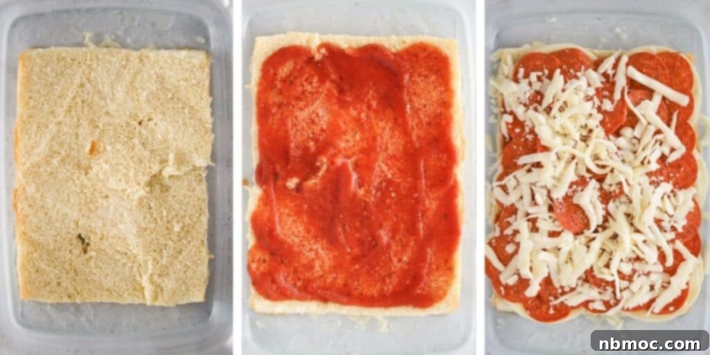 Step-by-step process of assembling pizza sliders on Hawaiian rolls, showing the rolls cut, sauce spread, and toppings added.