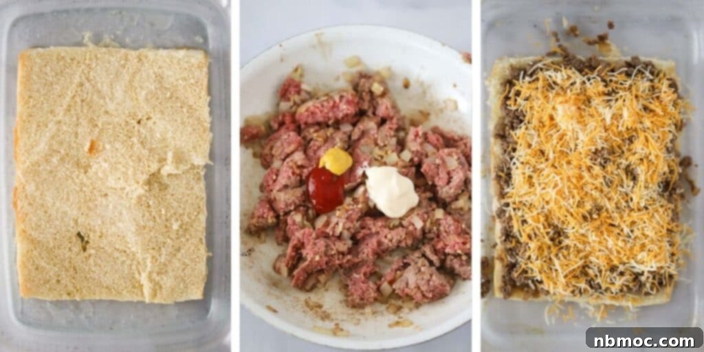 A step-by-step image showing how to assemble easy cheeseburger sliders with Hawaiian rolls.